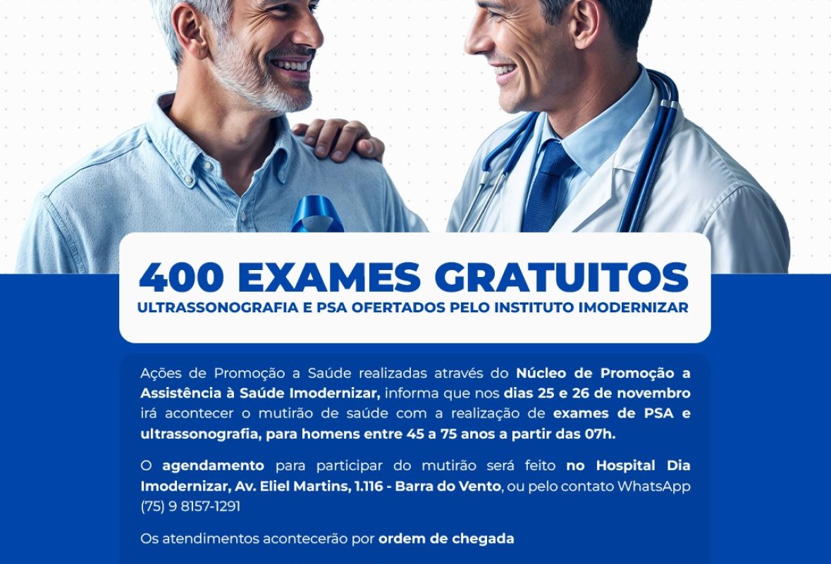 Alô, Riachão do Jacuípe-BA!O Instituto Imodernizar convida os homens entre 45 e 75 anos para par